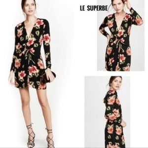 LE SUPERBE  V Neck Floral Long Sleeve BODY CON  Sexy Mini Dress